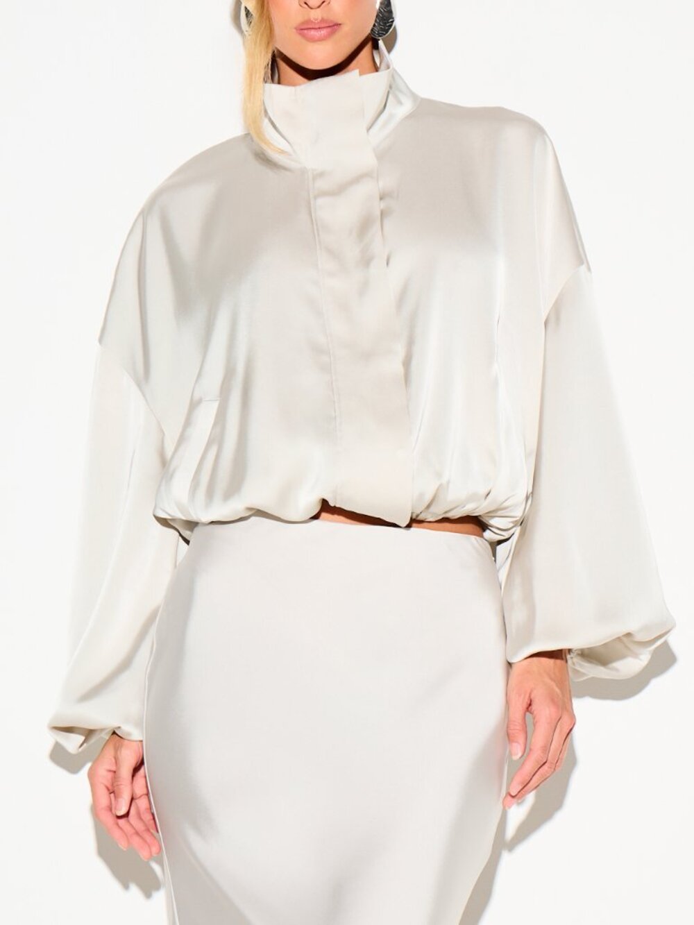 Grey Elegant Women's Funnel Neck Cropped Jacket With Balloon Sleeves
